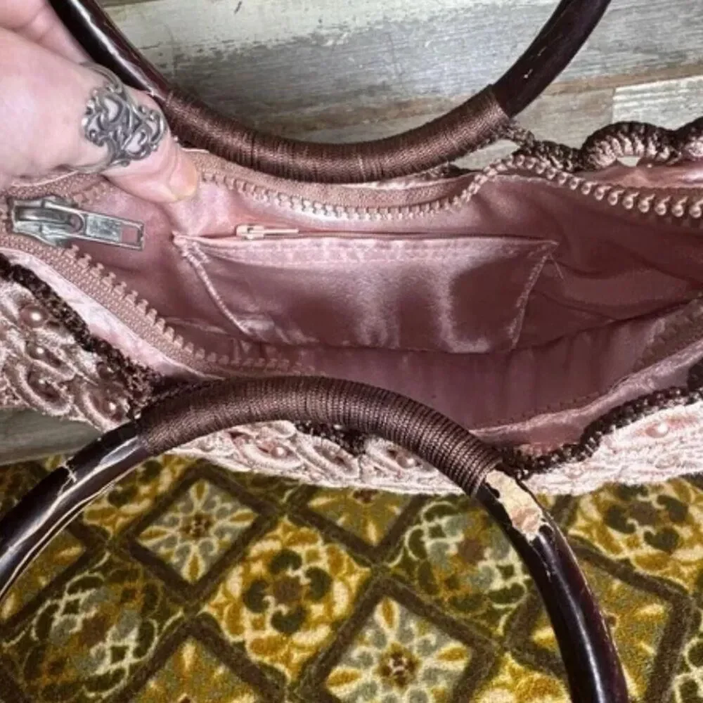 Vtg Crochet Bag Pink and Brown Bag